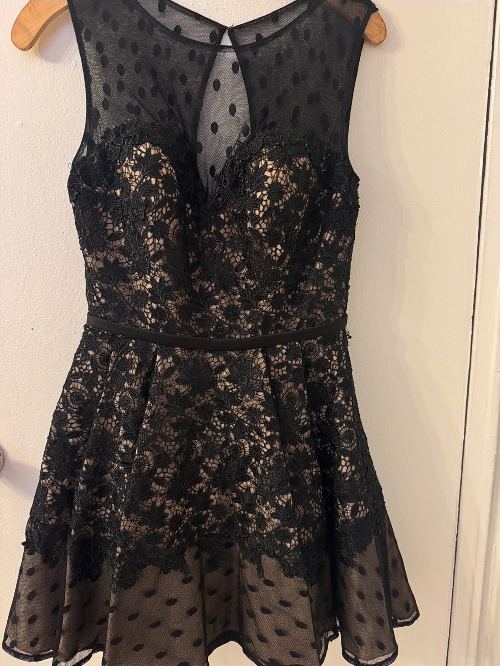 La Femme Black Lace Polka Dot Mesh Mini Dress